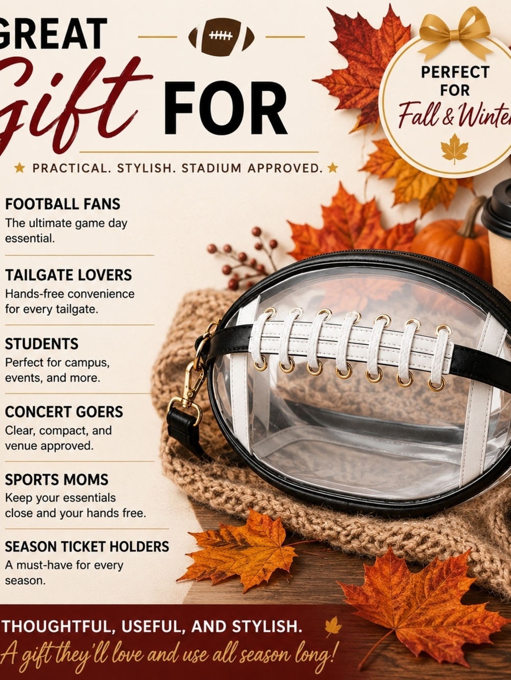 Football-Shaped Clear Crossbody Bag Stadium Approved Brown Purse - Picture 13 of 13